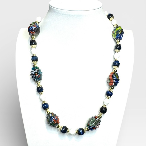 ARTISAN Murano Glass Millefiori, Blue Tiger’s Eye & Vintage Milkglass Necklace - Picture 4 of 16